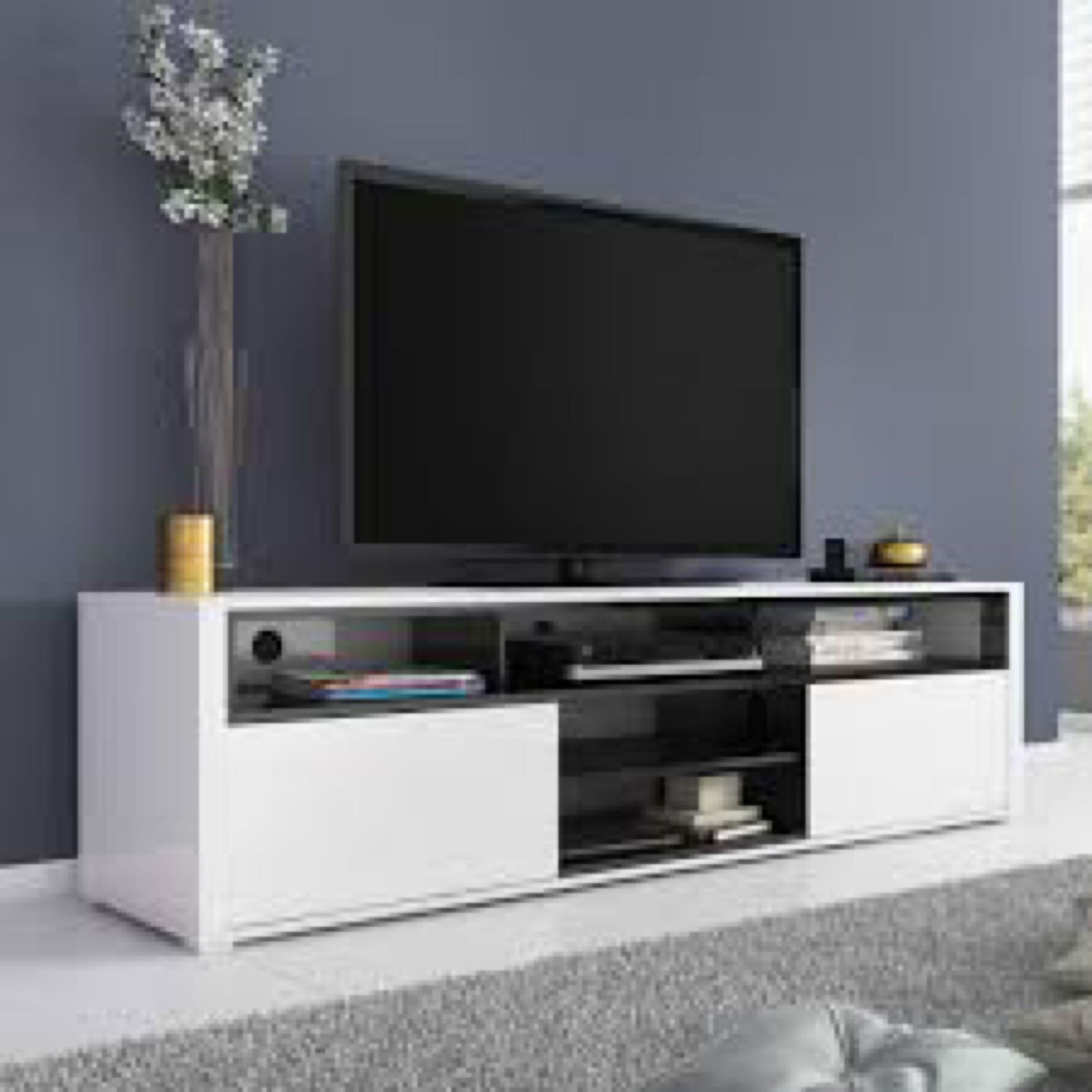 RRP £400 Boxed Sally Contemporary Tv Stand In Matt White With 4 Doors