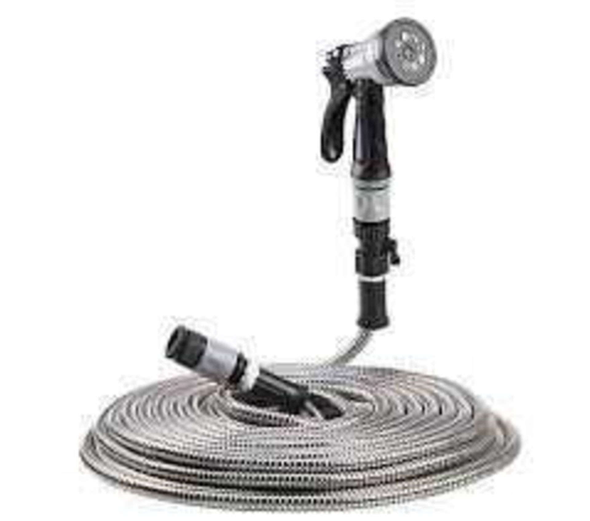 RRP £100 Lot To Contain 2 Boxed Stainless Steel 100Ft Hose Pipes With Nozzle