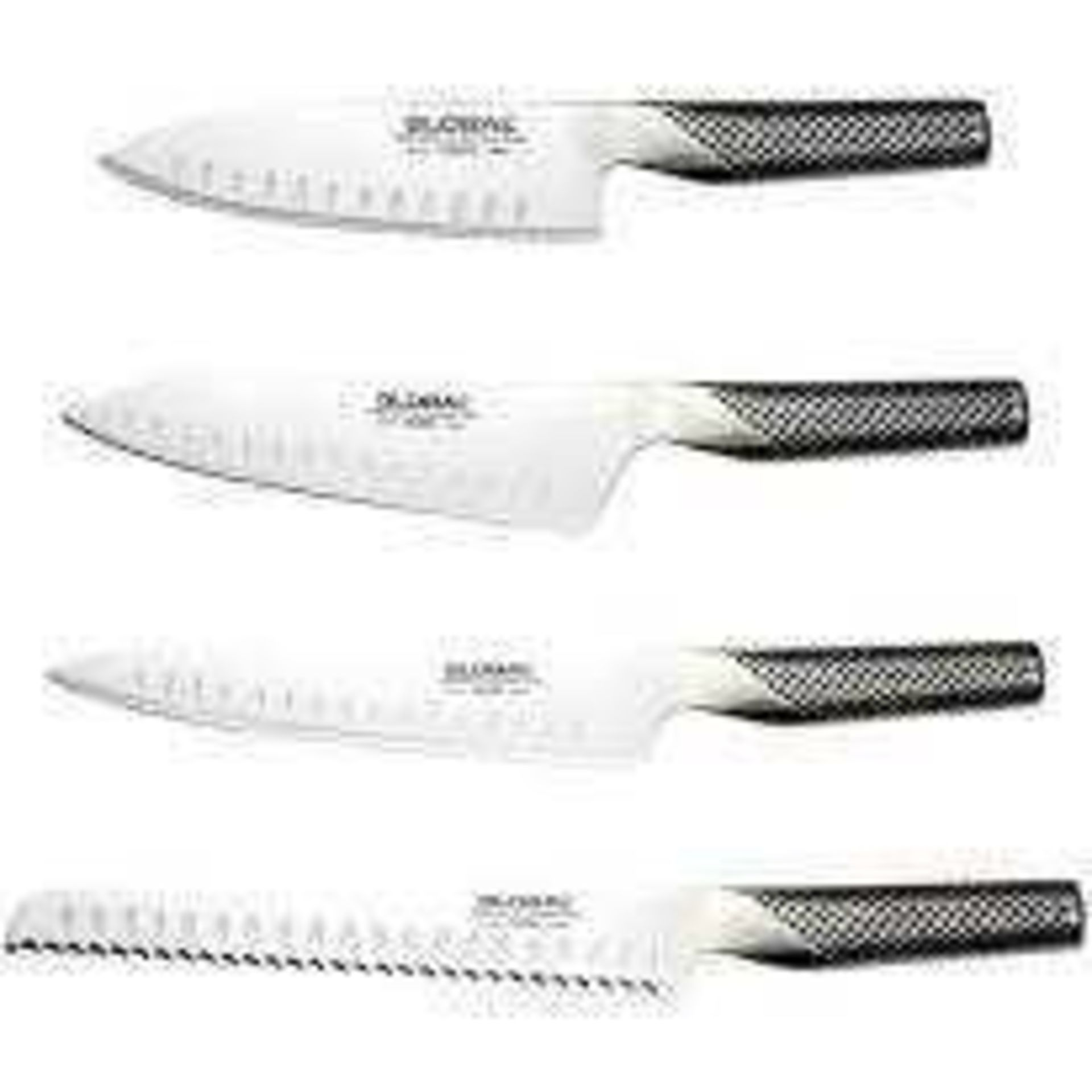 RRP £260 Lot To Contain 1 Boxed Global Ni Cromova 18 Stainless Steal Knifes Set Of 3