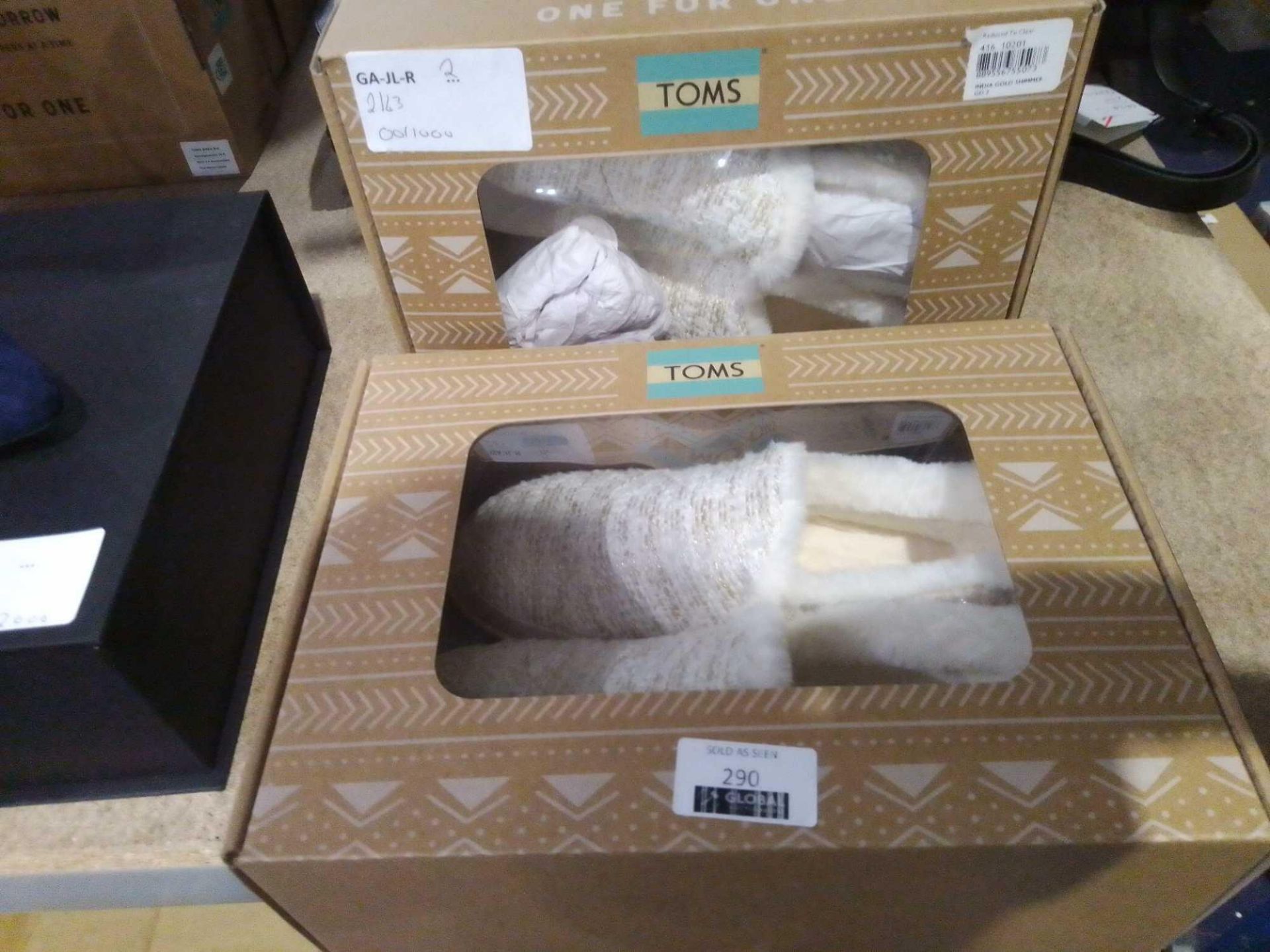 RRP £110 Lot To Contain 2 Boxed Pairs Of Toms White Metallic Boucle Size Uk 4 Ladies Slip On Shoes