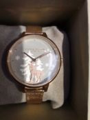 RRP £100 Boxed Olivia Burton Rose Gold Mesh Strap Reindeer And Tree Wristwatch 2.143(Appraisals