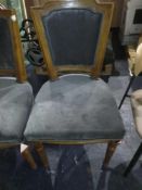 RRP £80 Lot To Contain 2 Assorted Dark Wooden And Grey Fabric Upholstered Designer Dining Chairs (