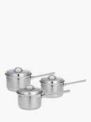 RRP £110 Lot To Contain 1 Boxed Set Of 3 John Lewis Saucepan Set 1.5Ltr,2Ltr And 2.8Ltr Pans With Ki