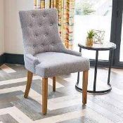 RRP £220 Boxed Pair Of Bradley Light Grey Fabric Upholstered Button Back Dining Chairs