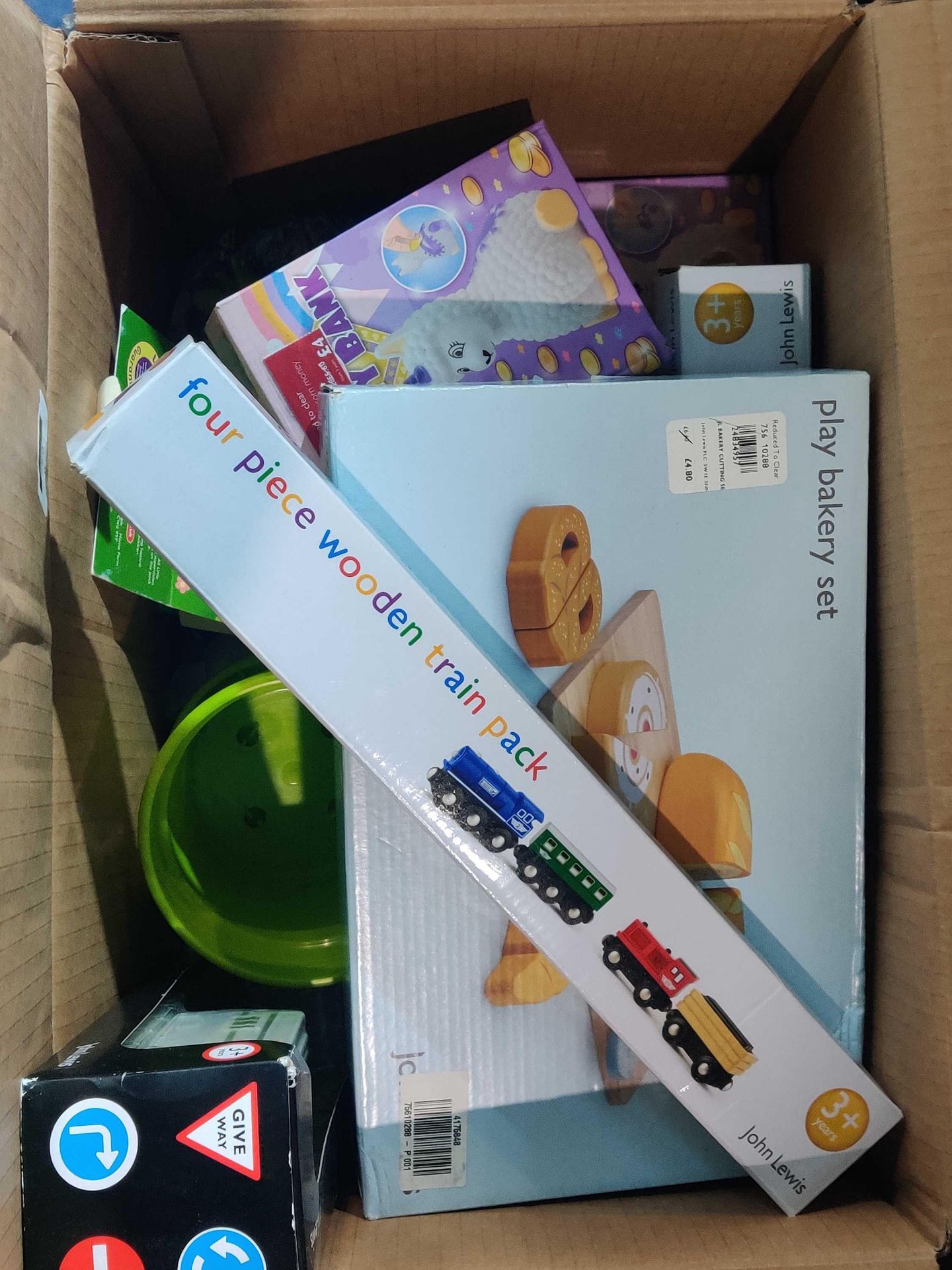 RRP £120 1 Large Box Containing Multiple John Lewis Children's Toys Including 3 Pack Train Sets, Bak
