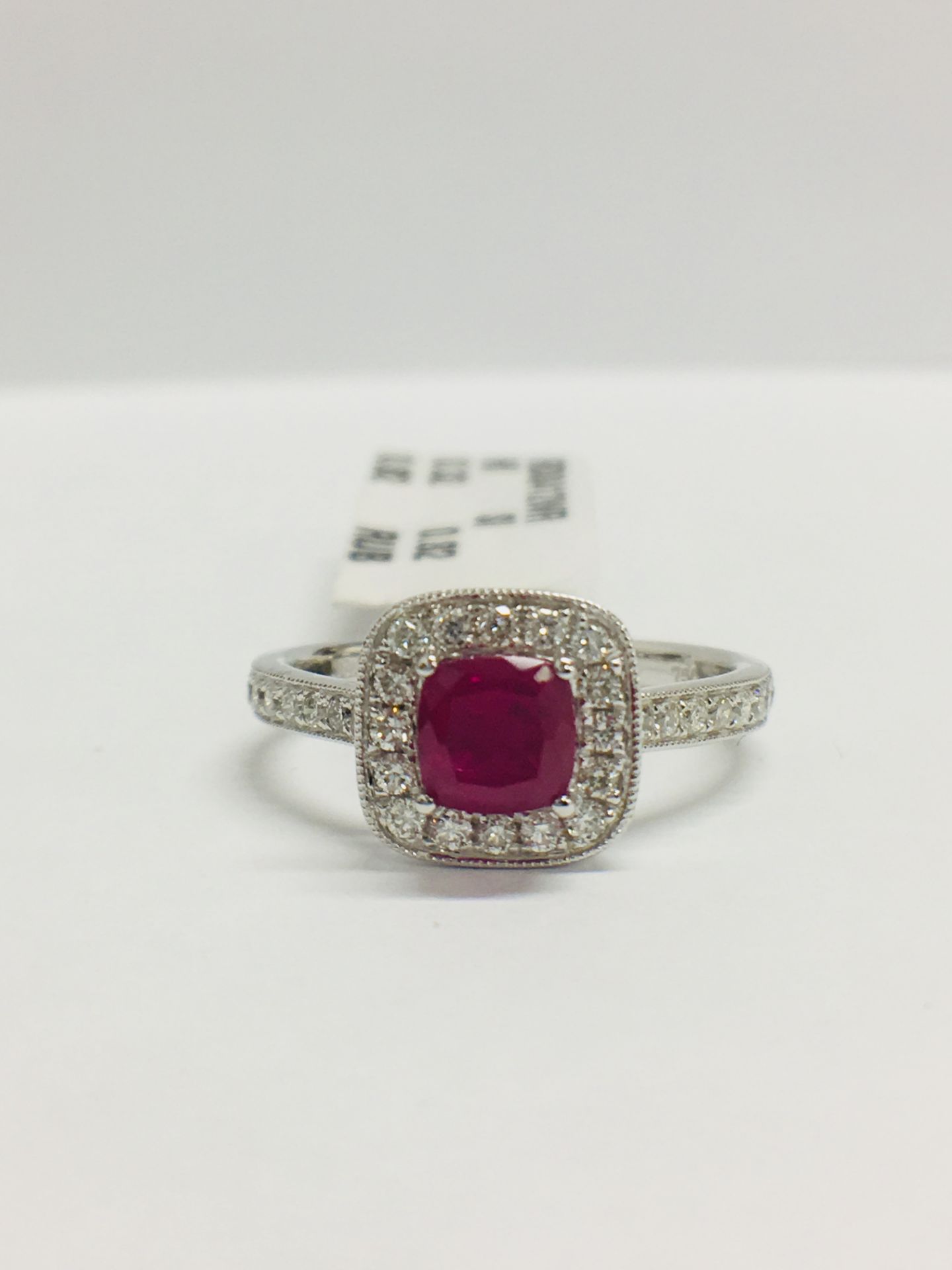 9ct White Gold Cushion Shape Ruby Diamond Dress Ring