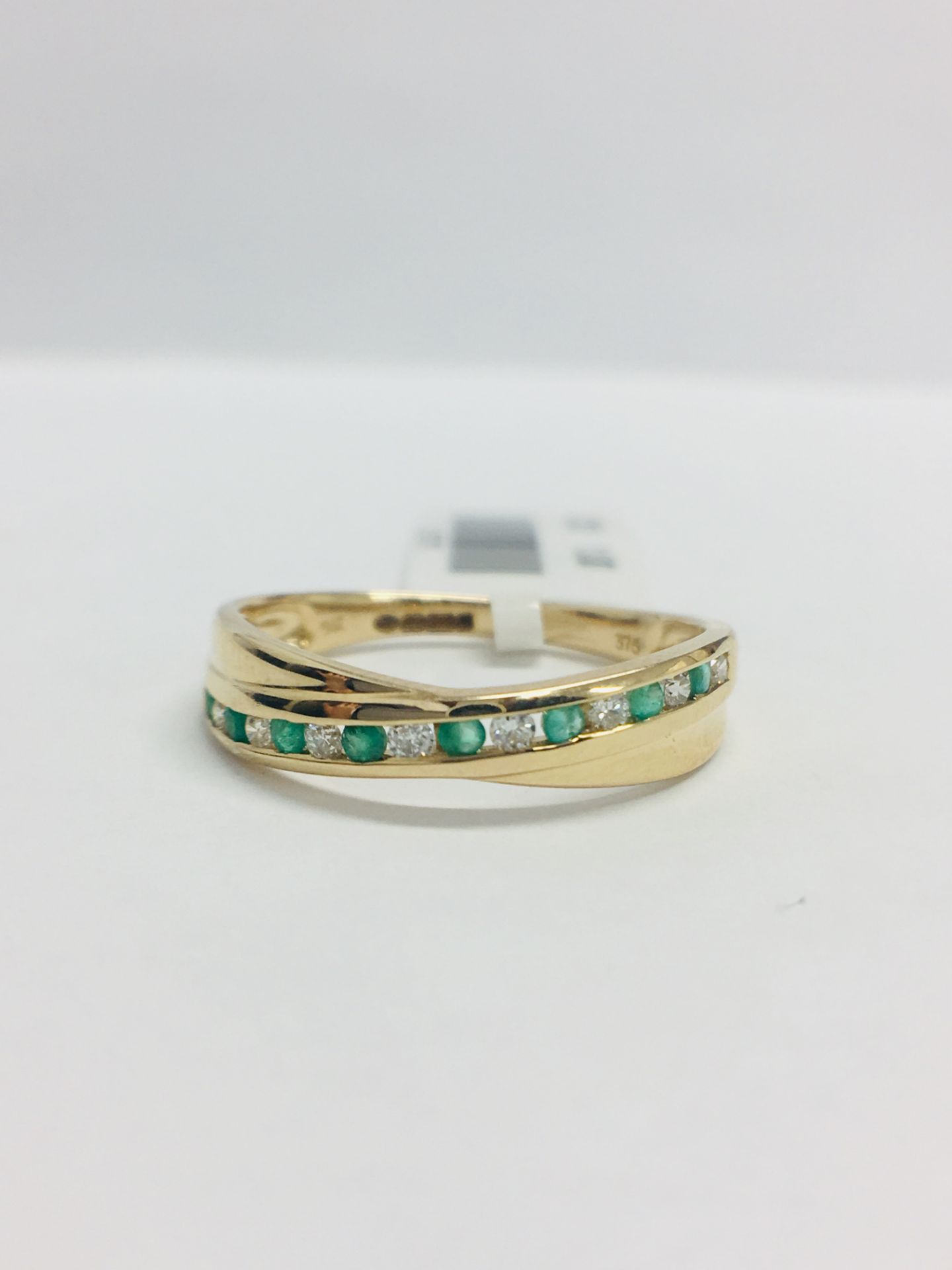 9ct Yellow Gold Emerald Diamond Crossover Band Ring