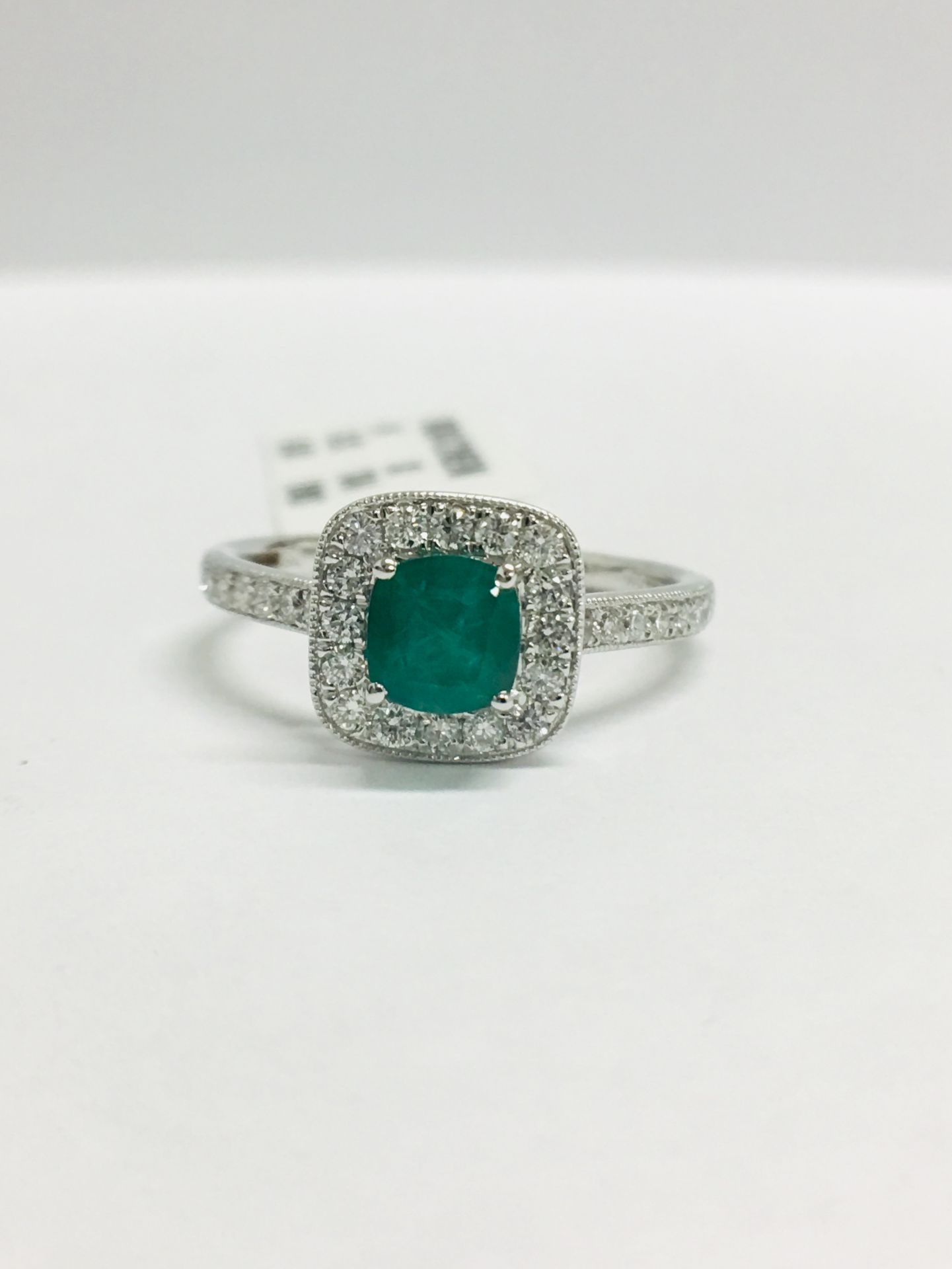 9ct White Gold Cushion Shape Emerald Diamond Dress Ring