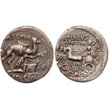 M. Aemilius Scaurus and Pub. Plautius Hypsaeus. Silver Denarius (3.89 g), 58 BC