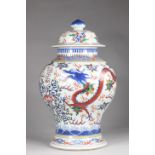 China baluster vase, with its lid, Doucai decor decorated with 2 dragons and the tree with lotus flo
