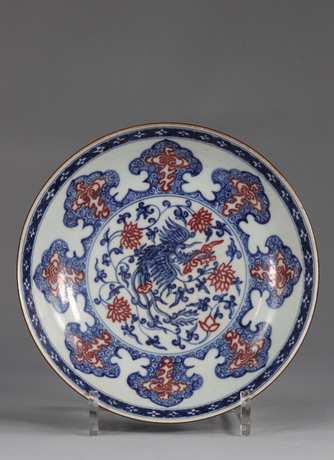 China dish, Ming, decorated with a Phoenix surrounded by Lotus flowers, and lambrequins, colors Copp
