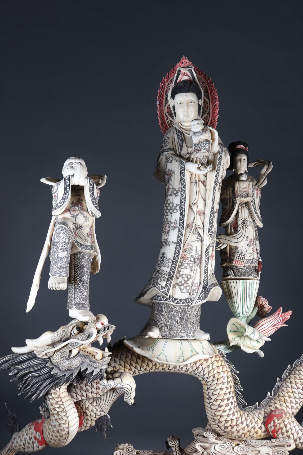 Imposing Chinese sculpture of a dragon and Buddhas circa 1930 - Image 3 of 3