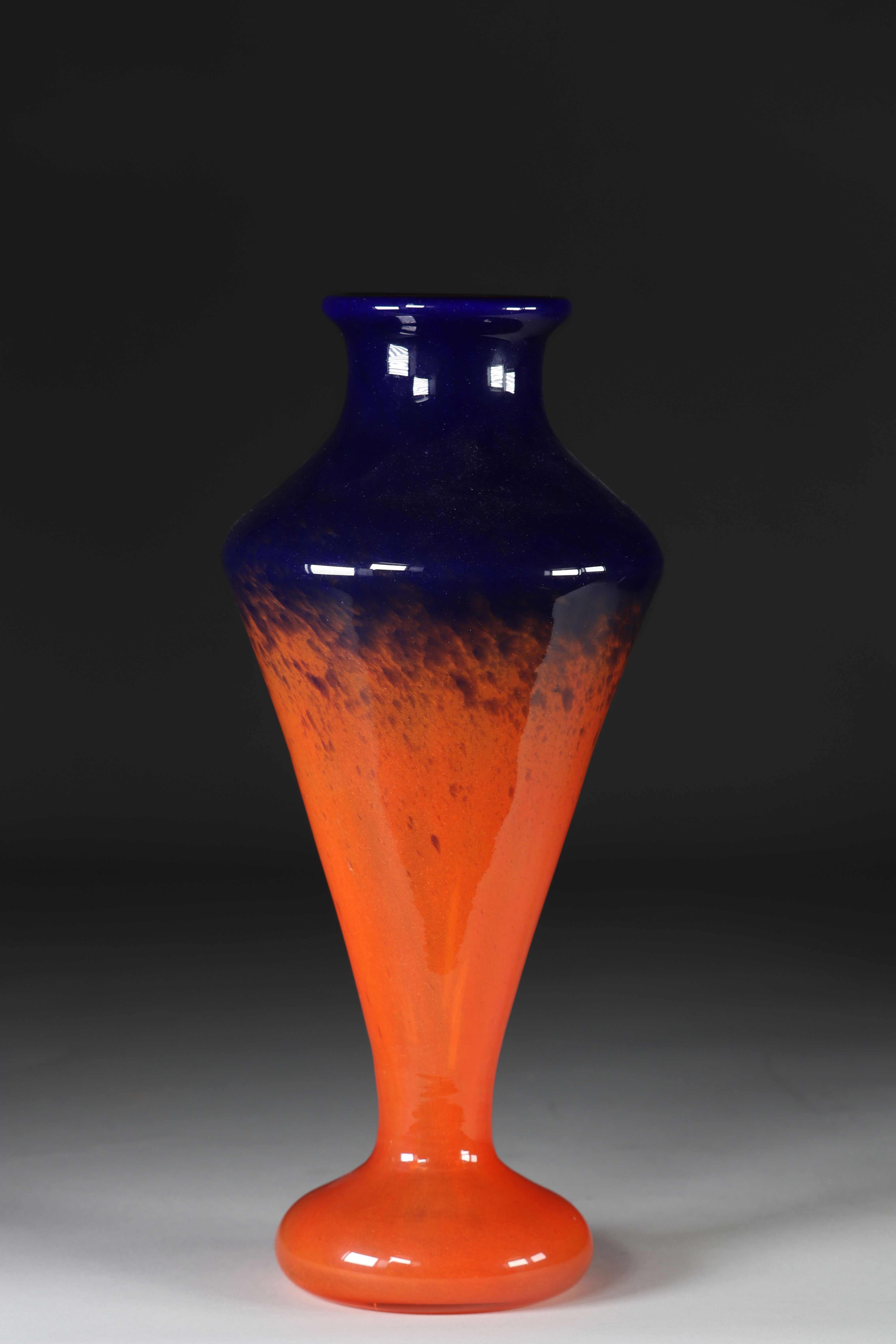 Schneider glass vase with shower foot in orange and blue shades