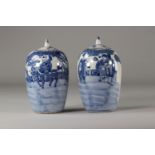 China pair of blanc bleu covered vases with character decoration under the Qing period coin