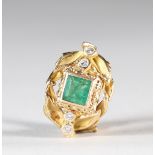 Lost wax artist's ring in gold (18k) decorated with leaves, diamonds and emerald
