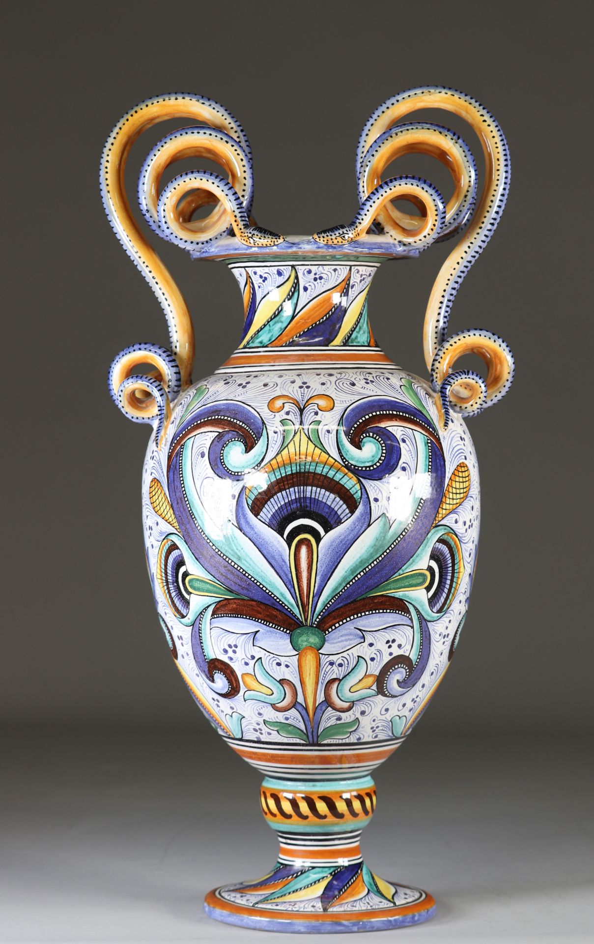 Large vase on pedestal with handles formed of majolica-style earthenware snakes - Image 3 of 4