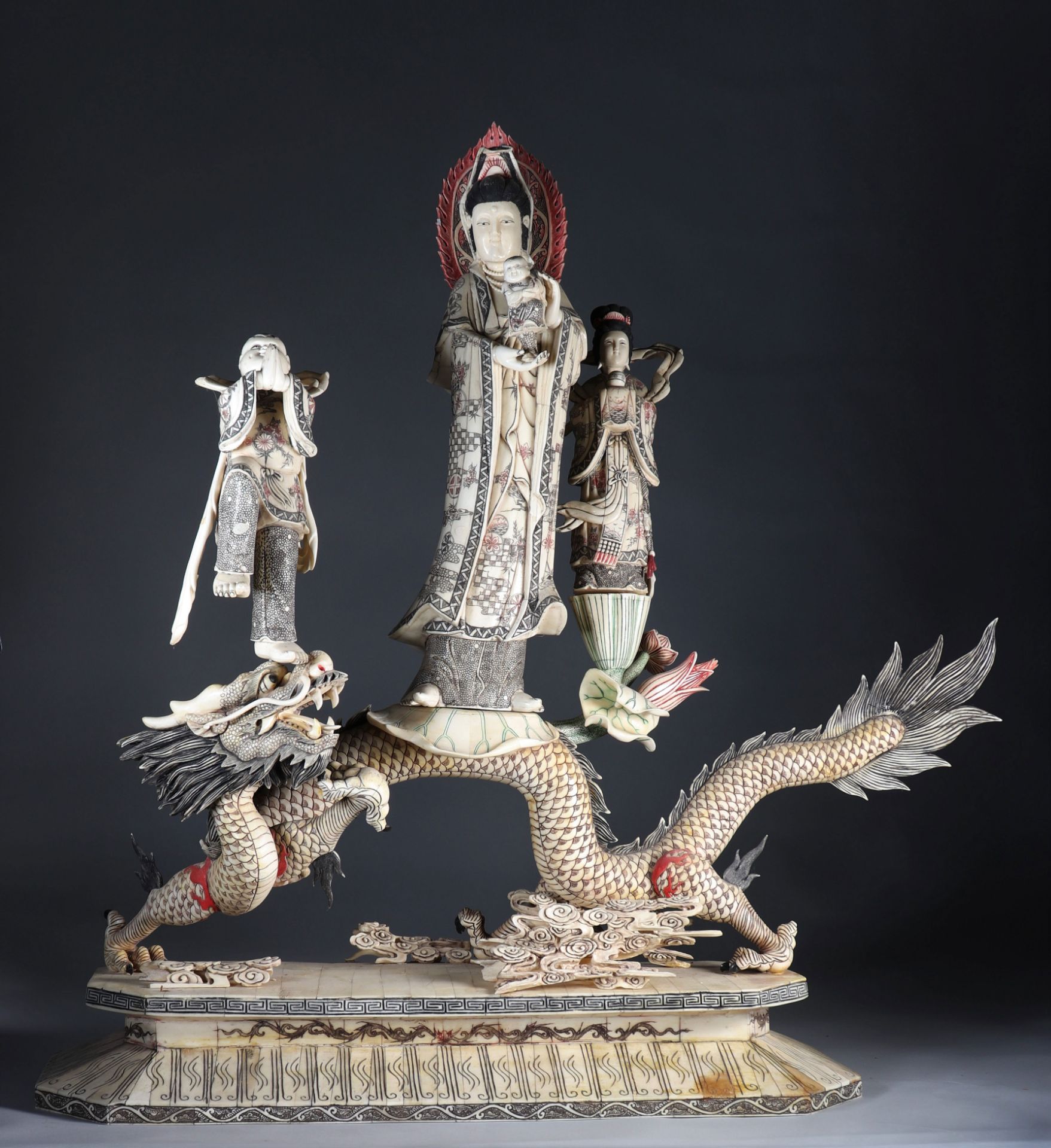 Imposing Chinese sculpture of a dragon and Buddhas circa 1930