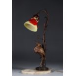 Bronze heron lamp in the reeds bobeche French glass empty pocket in onyx circa 1900