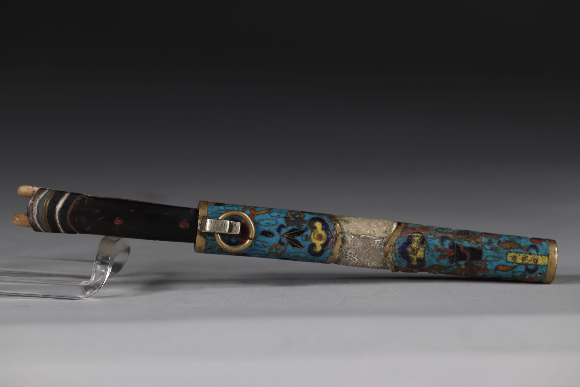 Japanese chopsticks and knife with cloisonne and shagreen scabbard 19th