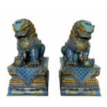 EXCEPTIONAL PAIR OF LARGE CHINESE BUDDHIST LIONS IN GOLD BRONZE AND CLOISONNE ENAMEL CIRCA 1900