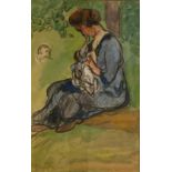 Jean PESKe (1870-1949) Drawing-Watercolor Pastel / paper "Artist's wife and child in the garden"