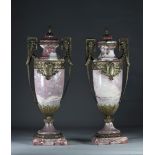 Imposing pair of white veined pink marble cassolettes with bronze frame