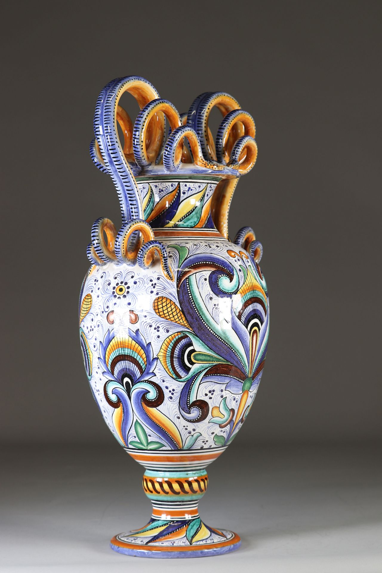 Large vase on pedestal with handles formed of majolica-style earthenware snakes - Image 2 of 4