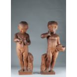 After Jean-Baptiste Pigalle (1714-1785) Pair of terracotta garden statues.