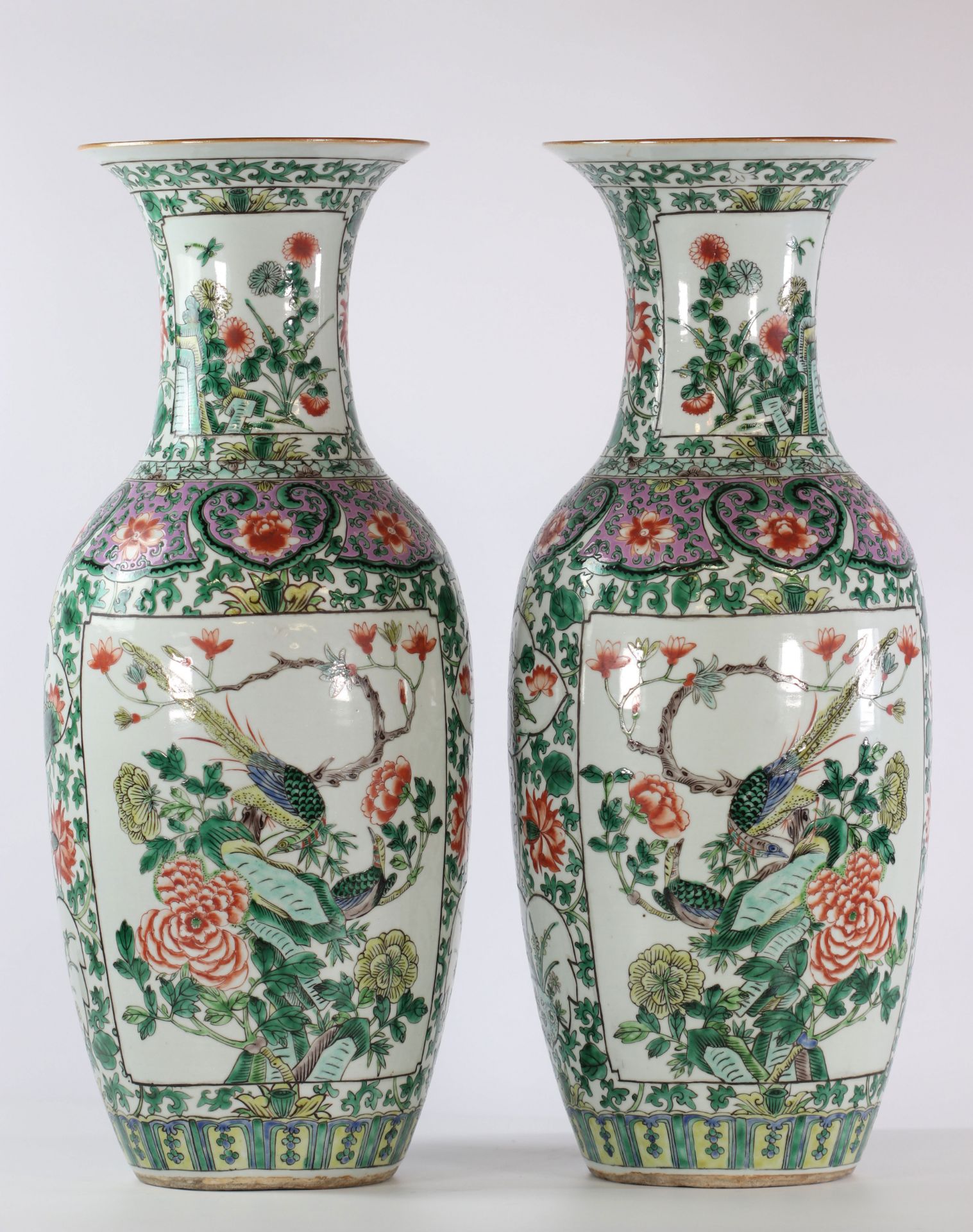 China pair of famille verte porcelain vase 19th bird decor