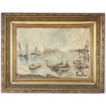 Oil on canvas"boat in port" signature to identify