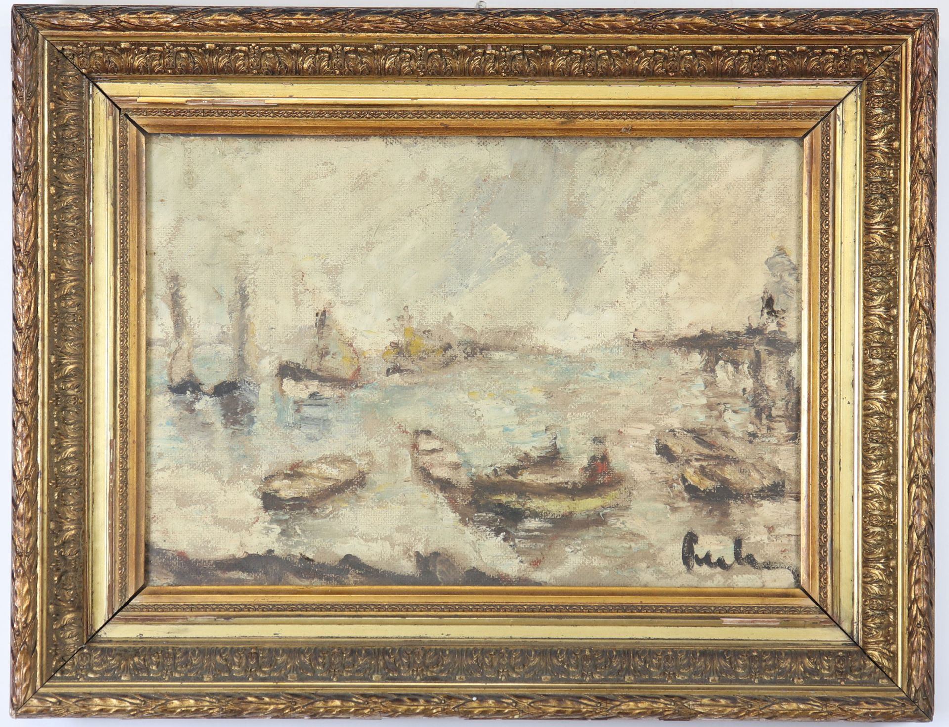 Oil on canvas"boat in port" signature to identify