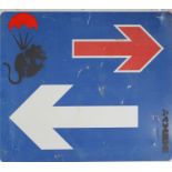 Banksy Parachuting Rat Road sign Stencil and paintings representing a black rat in a red parachute S