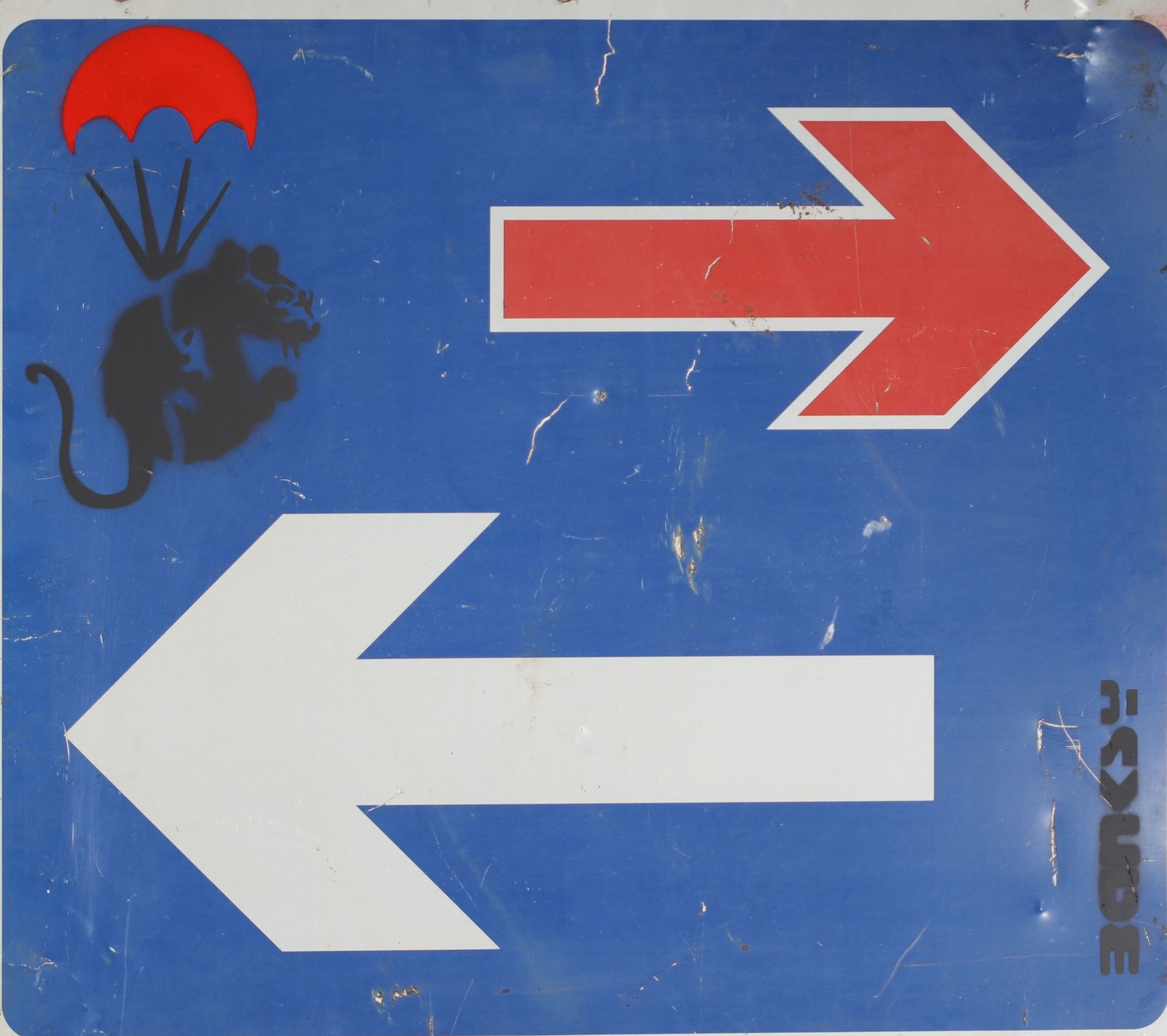 Banksy Parachuting Rat Road sign Stencil and paintings representing a black rat in a red parachute S