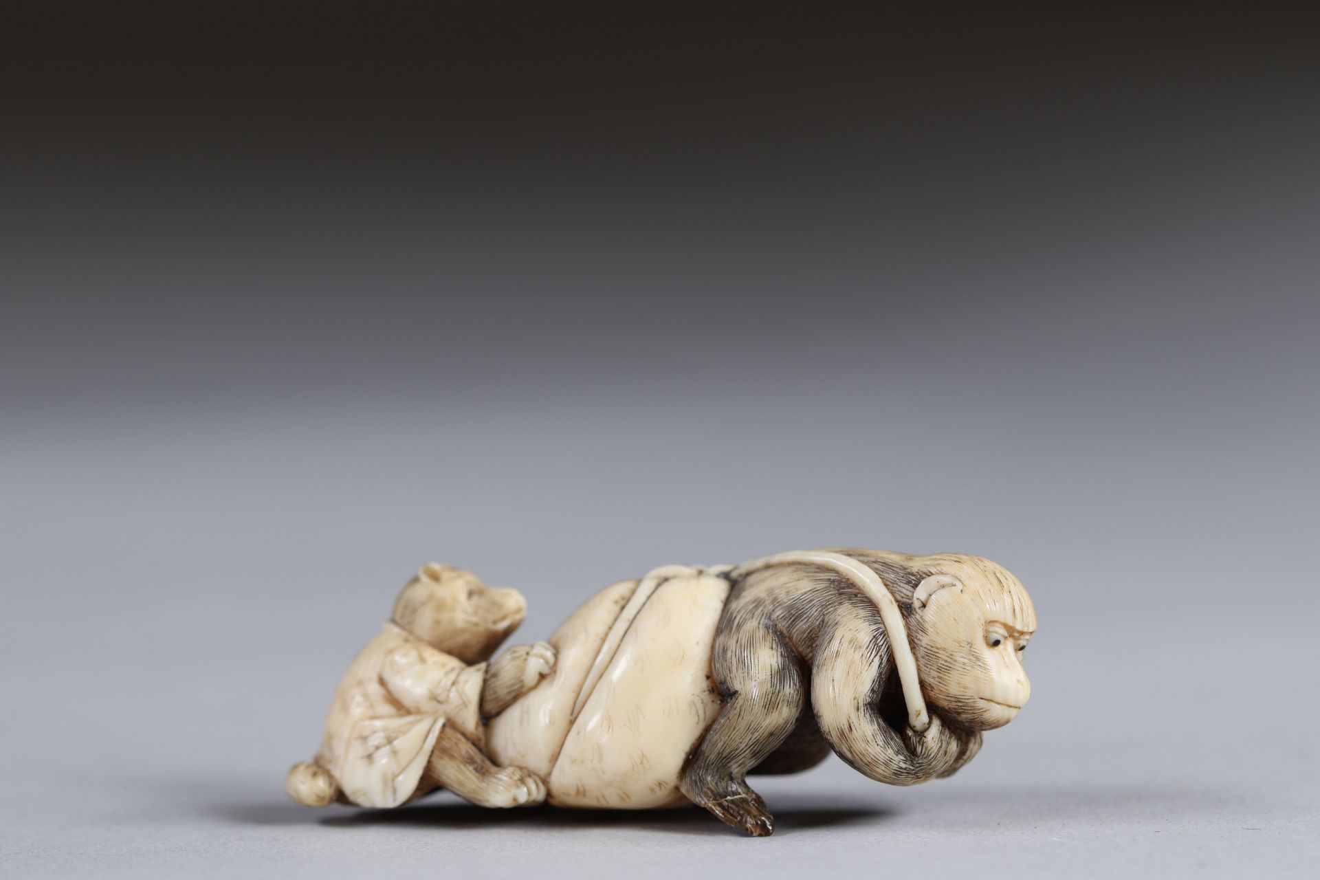 Netsuke carved - a monkey pulling a bag and a teddy bear. Japan Meiji period around 1900