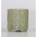 China green jade brush holder with Qing period characters decoration