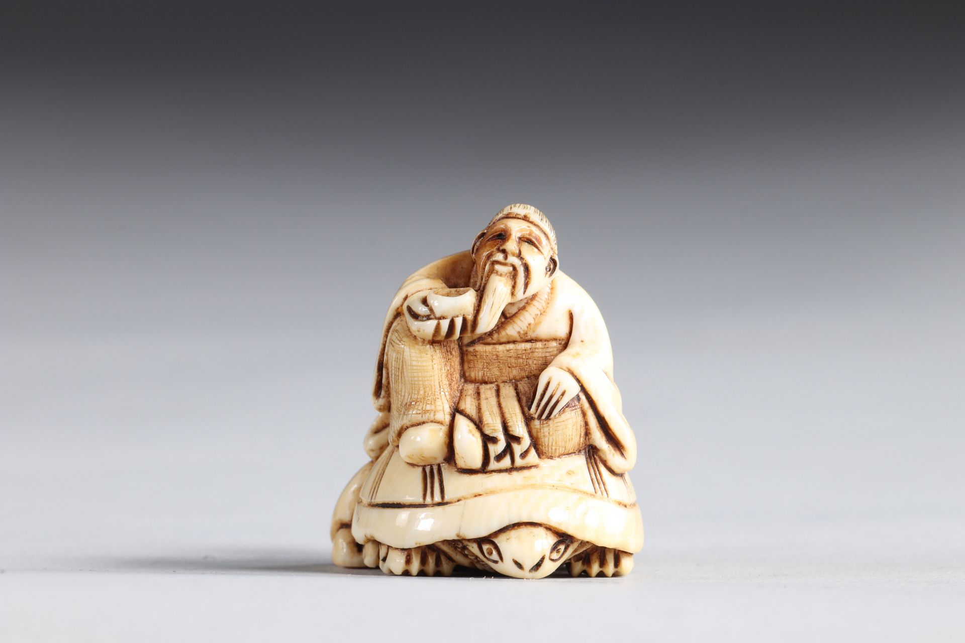 Netsuke carved - figures riding a turtle. Japan Meiji 19th century - Image 2 of 5