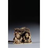 Netsuke carved - figures under a tree. Japan Meiji 19th century