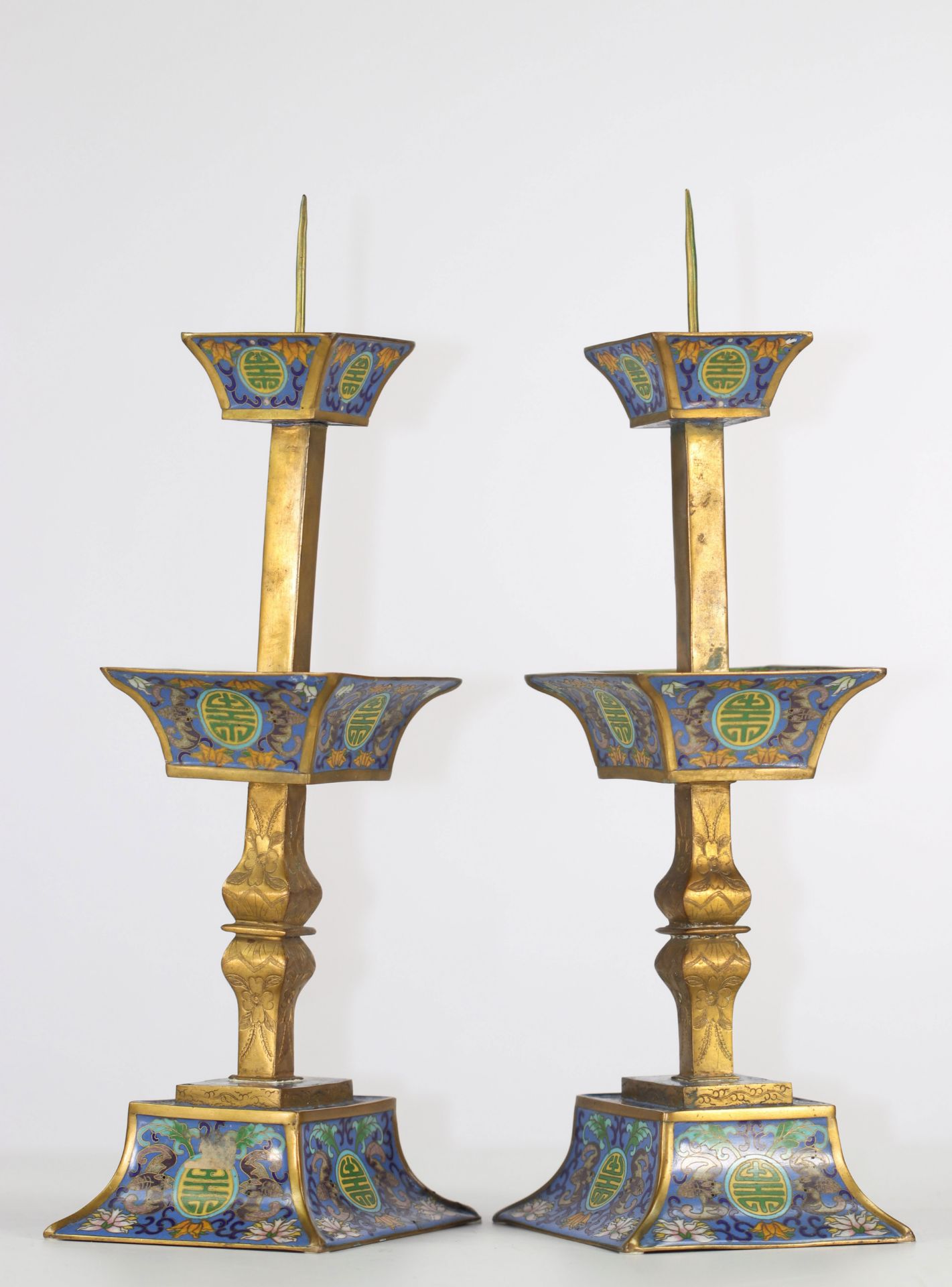 China pair of Qing period cloisonne candlesticks - Image 2 of 4