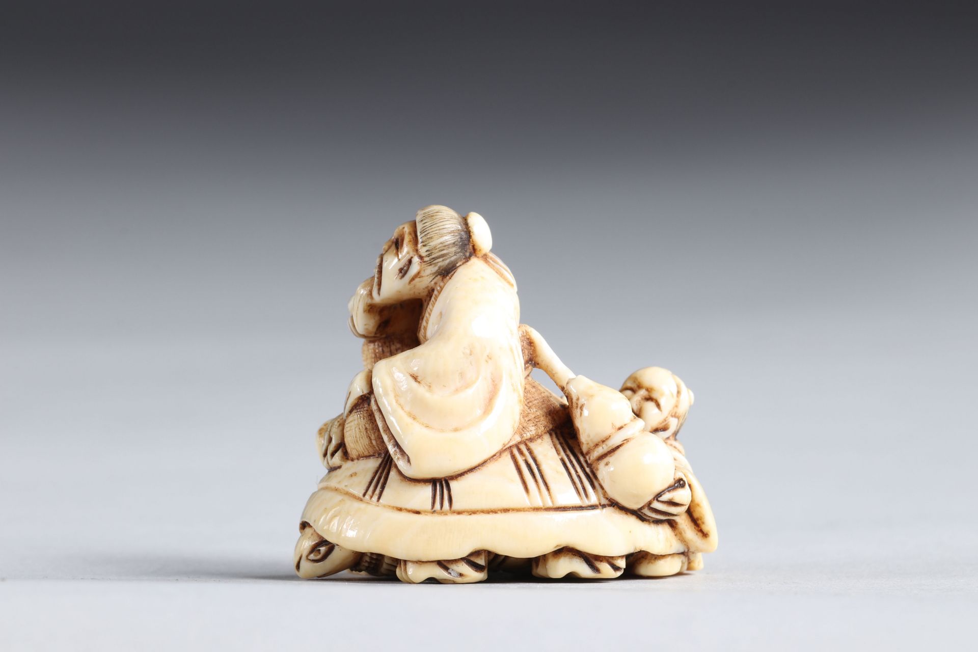 Netsuke carved - figures riding a turtle. Japan Meiji 19th century - Image 3 of 5