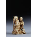 Netsuke carved - 3 characters at the games. Japan Meiji period late 19th