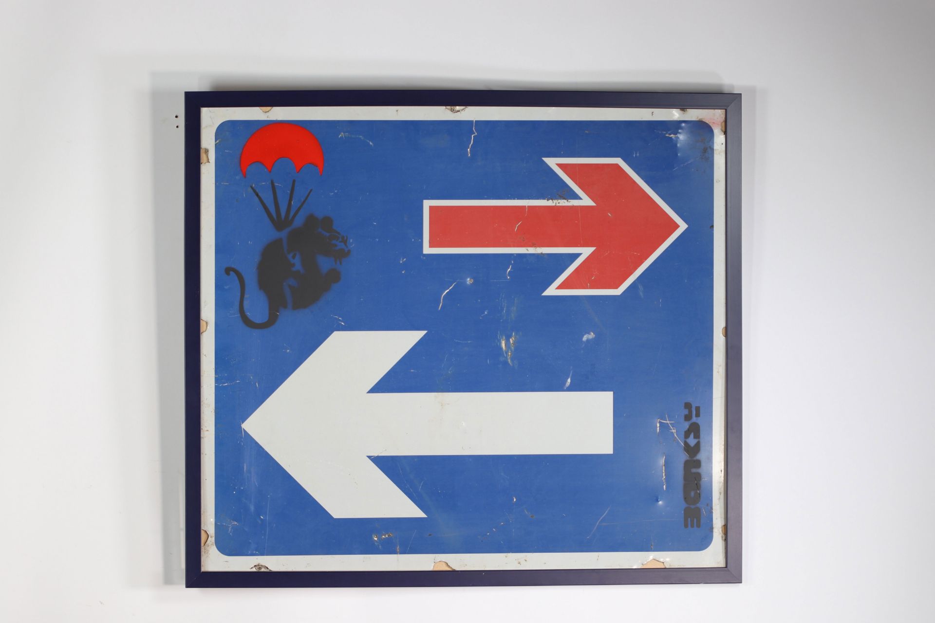 Banksy Parachuting Rat Road sign Stencil and paintings representing a black rat in a red parachute S - Image 2 of 2