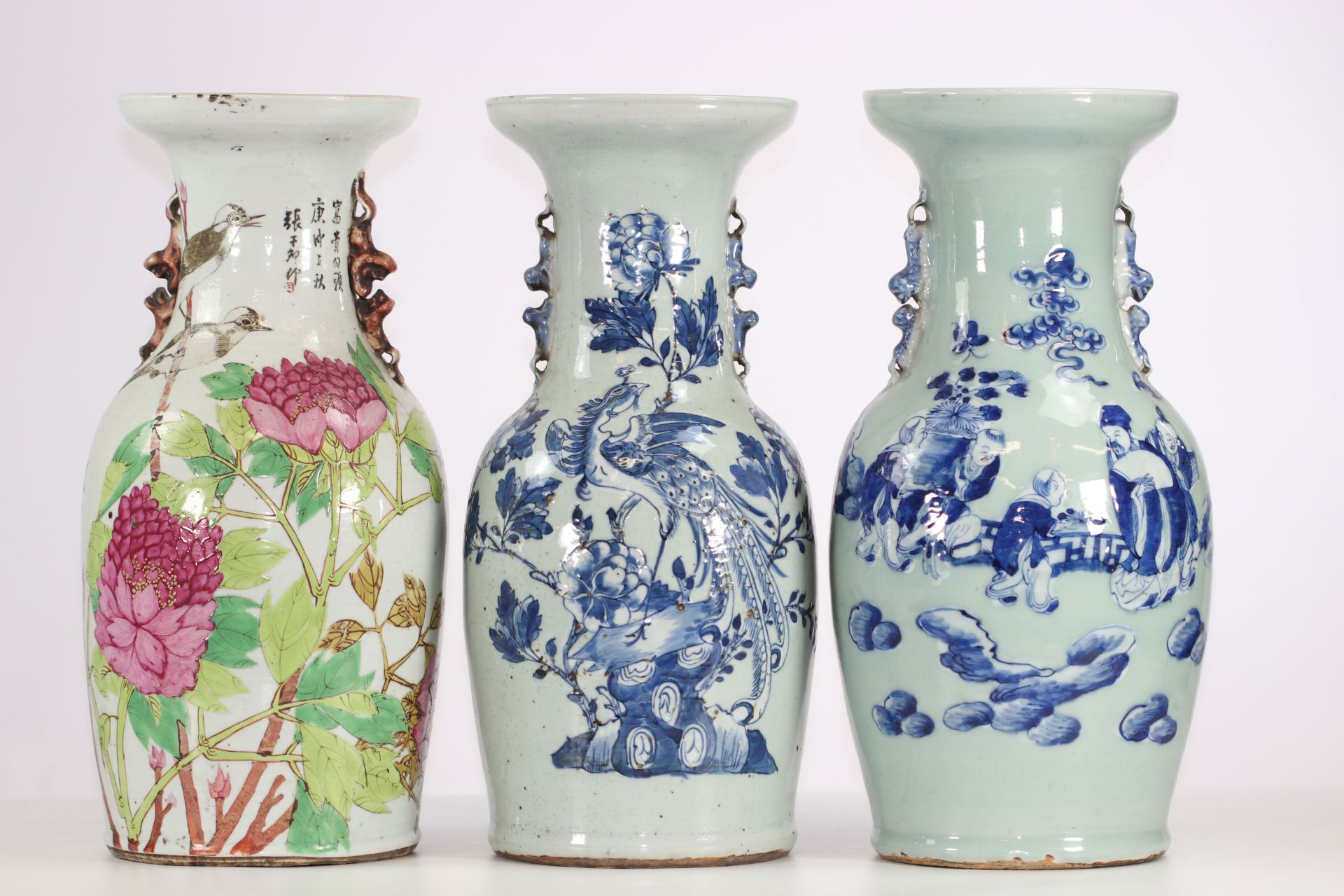 Lot of three porcelain vase two blanc-bleu and one in qianjiang enamel. China circa 1900.