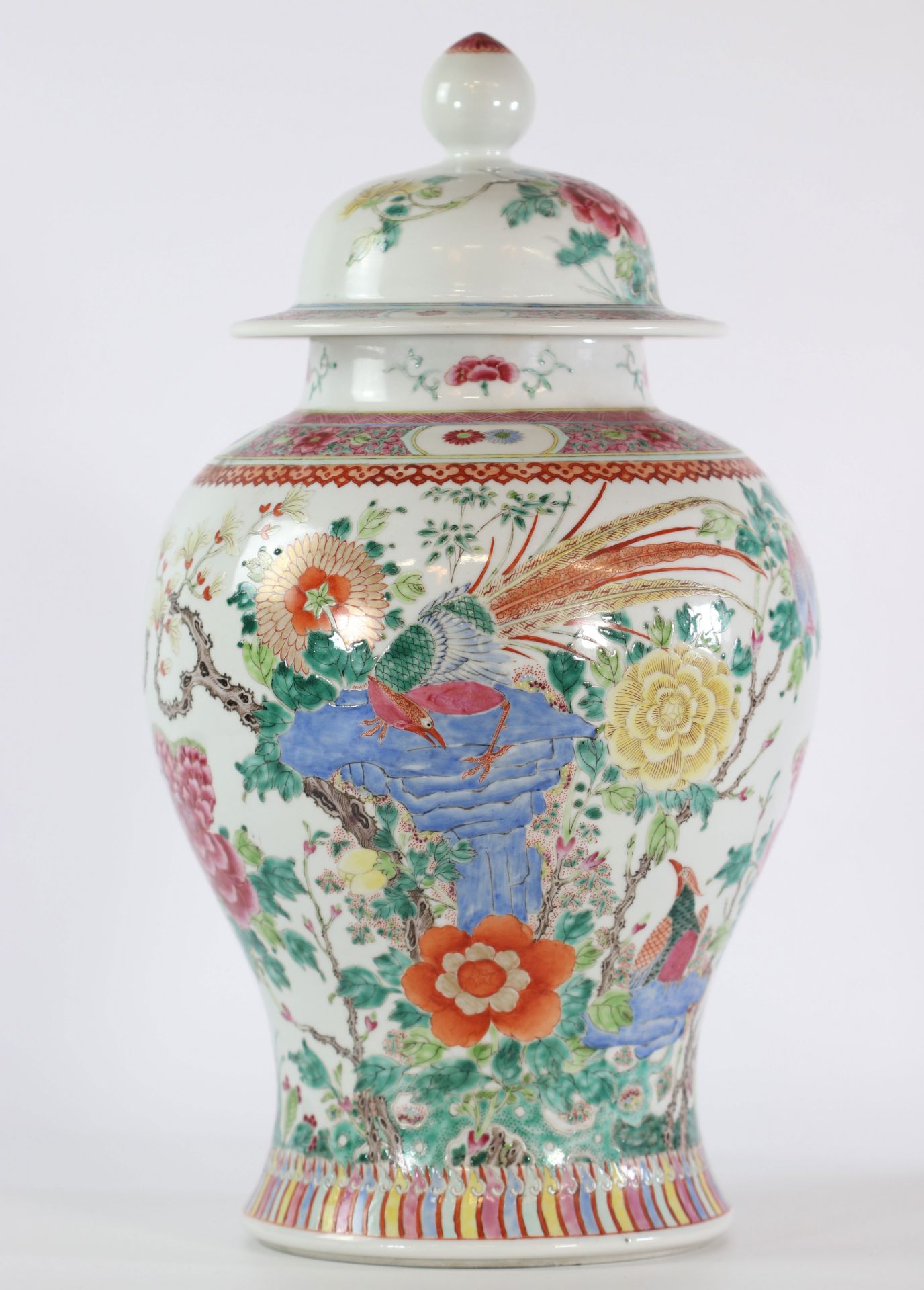 China covered vase famille rose decor of birds and flowers mark under the piece