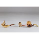 Lot of 3 beautiful amber and foam pipes "lion's head, muzzled dog and educated hare"