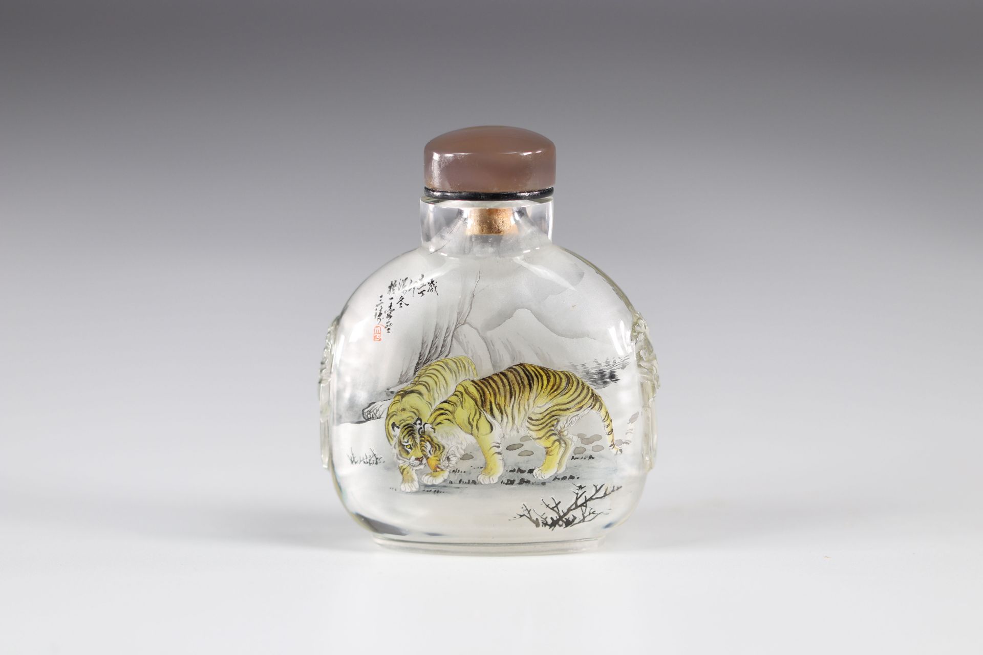 China painted glass snuffbox decorated with tigers Republic Artist