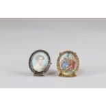 Brooches (2) portrait of a young woman and romantic scene on ivory 1900