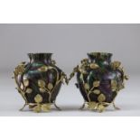 Pair of Art Nouveau vases in the spirit of Loetz decorated with bronze roses