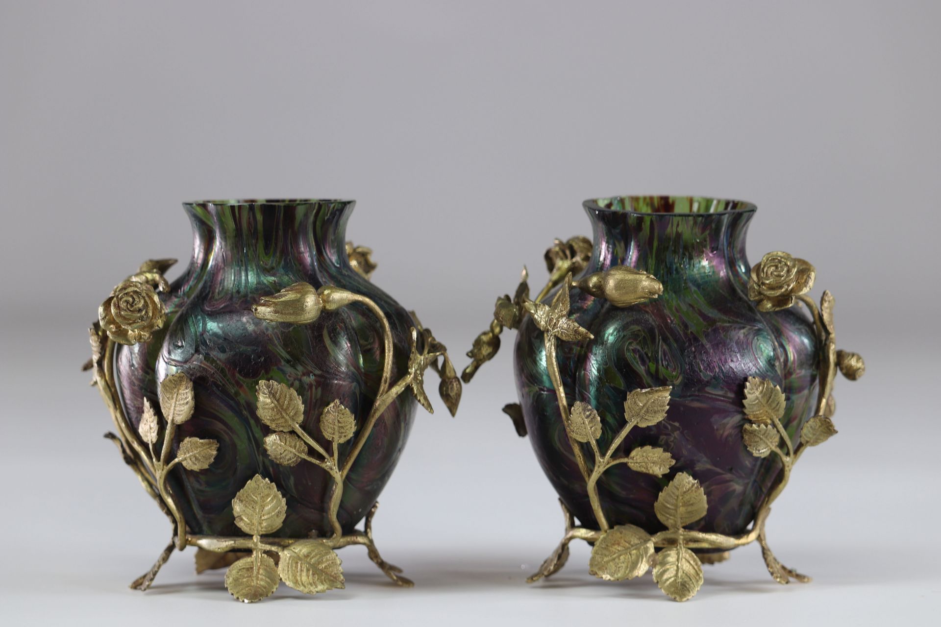 Pair of Art Nouveau vases in the spirit of Loetz decorated with bronze roses