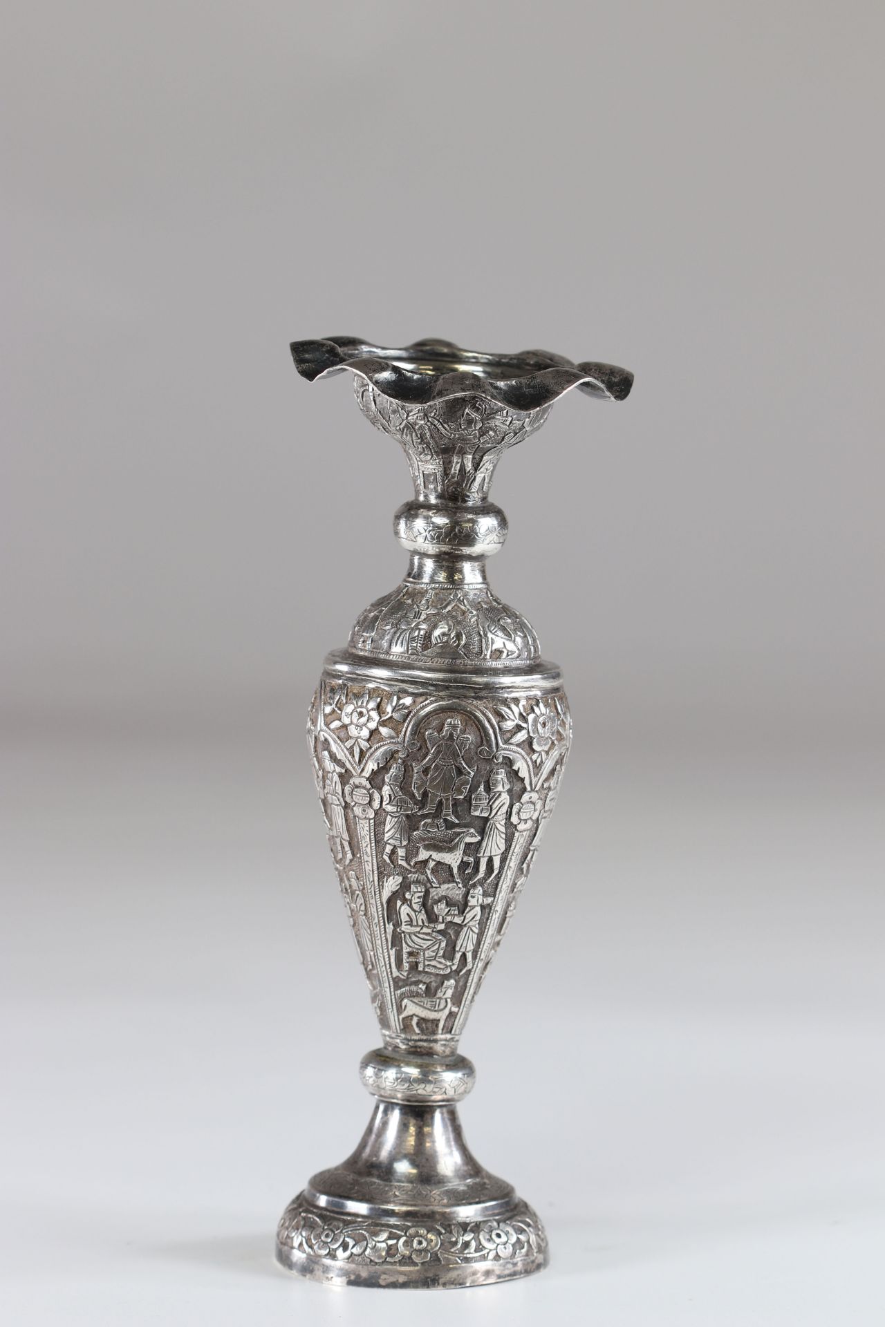 Persian silver vase very rich decoration of characters late 19th