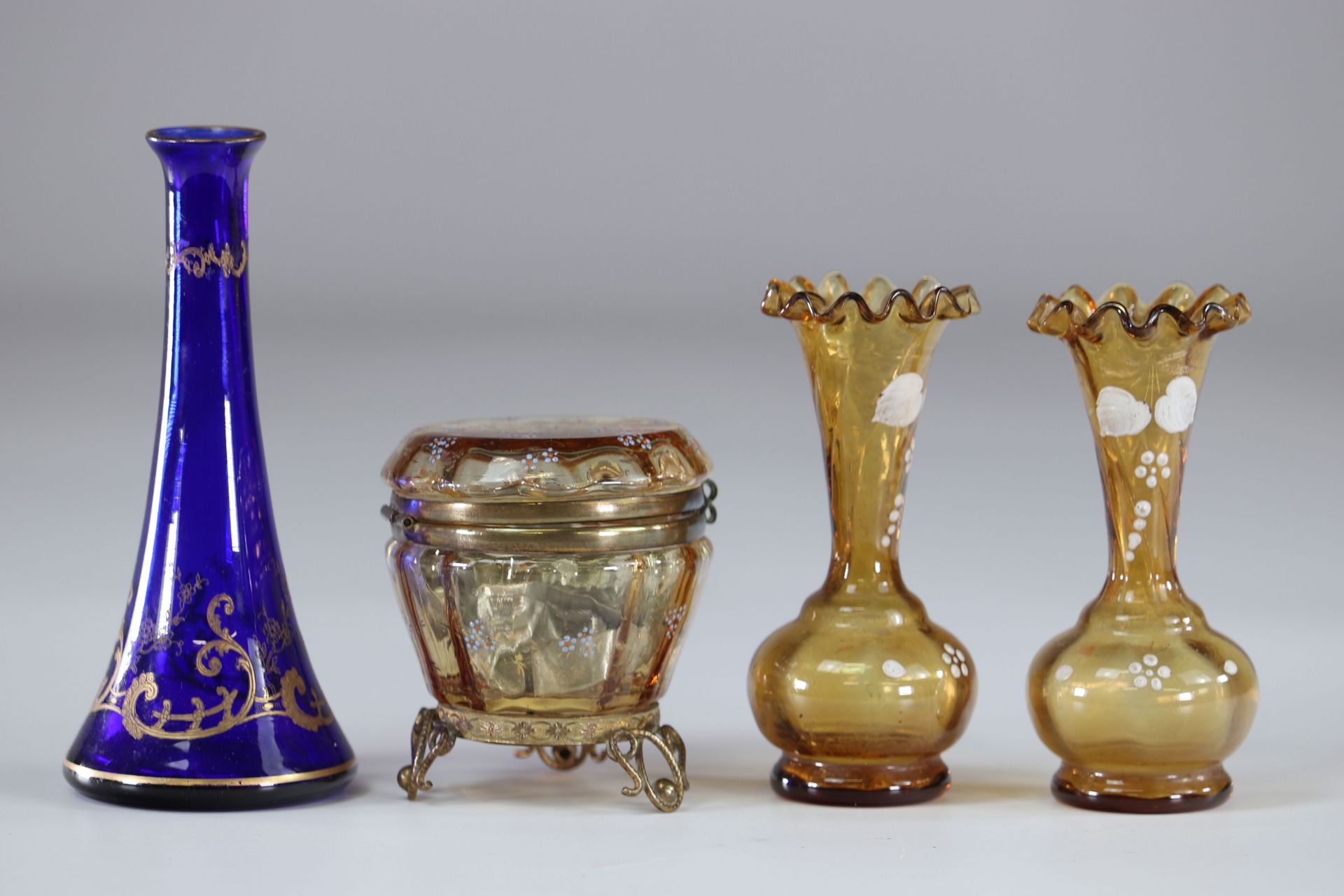 Lot of vases and box in enamelled glass 1900